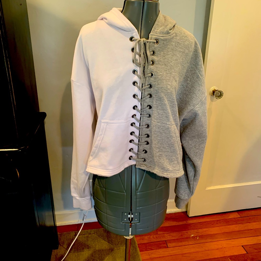 Urban Outfitters Two-Tone Lace-Up Hoodie in Light Pink and Gray